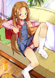 Rule 34 | 1girl, backpack, bad id, bad pixiv id, bag, blush, brown eyes, brown hair, couch, dress, feet, food, glass, hair bobbles, hair ornament, highres, legs, long hair, original, overall skirt, overalls, panties, pantyshot, pillow, pipa, pocky, randoseru, short dress, sitting, skirt, socks, solo, striped clothes, striped panties, twintails, underwear, upskirt