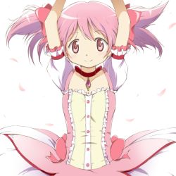 Rule 34 | 10s, 1girl, arms up, choker, dress, kaname madoka, kinfuji, looking at viewer, magical girl, mahou shoujo madoka magica, mahou shoujo madoka magica (anime), pink eyes, pink hair, short hair, simple background, smile, solo, twintails, white background