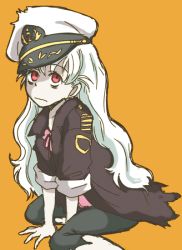 Rule 34 | 1girl, arm support, character request, kosumo (kosuhoshi), long hair, looking up, military, military uniform, naval uniform, red eyes, sitting, sleeves rolled up, solo, torn clothes, uniform, very long hair, white hair
