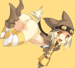 Rule 34 | 1girl, anus, ass, blonde hair, blush, bottomless, cleft of venus, collar, disgaea, fang, gloves, goggles, hat, long hair, pointy ears, ponytail, pussy, simple background, solo, striped clothes, striped thighhighs, thief (disgaea), thighhighs, tsudero, uncensored, yellow background, yellow eyes
