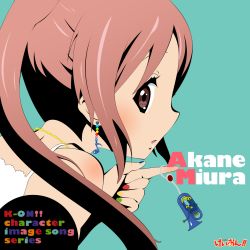 Rule 34 | 1girl, album cover, cover, earrings, euphonium, female focus, highres, instrument, jewelry, k-on!, miura akane, parody, pink hair, ponytail, simple background, solo