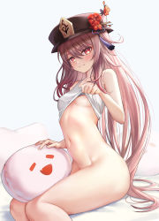 Rule 34 | 1girl, :3, bare arms, bare shoulders, black hat, bottomless, breasts, brown hair, clothes lift, collarbone, crop top, flower, genshin impact, hair between eyes, hat, hat flower, highres, hu tao (genshin impact), lifting own clothes, long hair, looking at viewer, navel, pillow, plum blossoms, rable, red eyes, shirt, shirt lift, sleeveless, sleeveless shirt, small breasts, smile, solo, star-shaped pupils, star (symbol), stomach, symbol-shaped pupils, tassel, very long hair, white background, white shirt