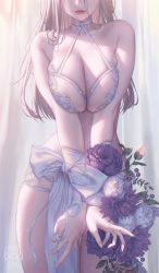 Rule 34 | 1girl, blonde hair, bound, bound wrists, bra, breasts squeezed together, breasts, choker, cleavage, curtains, fingernails, flower, head out of frame, highres, large breasts, lips, long fingernails, long hair, love cacao, original, parted lips, purple flower, signature, solo, underwear, white choker, white flower
