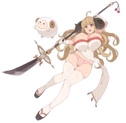 Rule 34 | 1girl, :d, ahoge, anila (granblue fantasy), blunt bangs, breasts, curled horns, dockra, full body, gloves, granblue fantasy, holding, holding polearm, holding weapon, horns, huge breasts, long hair, open mouth, panties, pink panties, polearm, sheep, sheep horns, simple background, skindentation, smile, thick eyebrows, thighhighs, underwear, weapon, white background, white gloves, white thighhighs