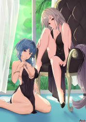 Rule 34 | 2girls, alternate costume, arknights, bare arms, bare legs, bare shoulders, black dress, black footwear, black hairband, blue hair, breasts, cleavage, closed mouth, commentary, curtains, dress, eula (genshin impact), finger to mouth, full body, genshin impact, hairband, halter dress, halterneck, hand on own leg, hand up, high heels, highres, indoors, jewelry, large breasts, long hair, looking at viewer, multiple girls, nev (nevblindarts), on chair, parted lips, pendant, purple eyes, red eyes, satou rina, shoes, shushing, signature, silver hair, sitting, skadi (arknights), sleeveless, sleeveless dress, very long hair, voice actor connection