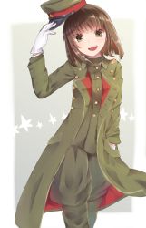 Rule 34 | 1girl, :d, bob cut, brown eyes, brown hair, coat, commentary, eyes visible through hair, gloves, hand in pocket, hat, unworn hat, unworn headwear, highres, imperial japanese army, mamiya ponkan, military, military hat, military uniform, open mouth, original, short hair, smile, solo, trench coat, uniform, white gloves