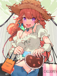 Rule 34 | 1girl, :d, blush, braid, brown hat, character name, choker, cloud, commentary request, credit card, fingernails, green choker, green sky, hat, highres, hololive, hololive english, long hair, looking at viewer, nail polish, official alternate costume, open mouth, orange hair, outdoors, pink nails, purple eyes, revision, sky, smile, solo, straw hat, takanashi kiara, takanashi kiara (casual), teeth, twin braids, unbuttoned, upper teeth only, virtual youtuber, waterring
