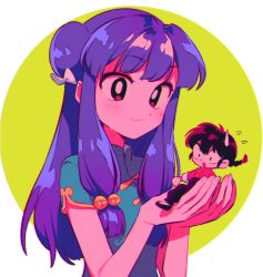 Rule 34 | 1boy, 1girl, bad id, bad twitter id, bell, black footwear, blush, bow, chinese clothes, hair bell, hair ornament, highres, holding, menma (enaic31), open mouth, purple hair, ranma 1/2, red eyes, saotome ranma, shampoo (ranma 1/2), size difference, smile, white bow