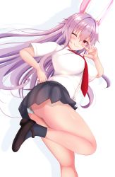 Rule 34 | 1girl, ;), animal ears, ass, blush, breasts, rabbit ears, foot out of frame, from below, highres, large breasts, long hair, necktie, one eye closed, purple hair, red eyes, reisen udongein inaba, simple background, smile, solo, standing, standing on one leg, toranpuman, touhou, upskirt, v over eye, very long hair, white background
