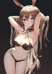 Rule 34 | 1girl, alternate hairstyle, amiya (arknights), animal ears, aqua eyes, arknights, armpits, arms up, bare arms, bare shoulders, bikini, black background, black bikini, black choker, blue eyes, breasts, brown hair, choker, cleavage, closed mouth, collarbone, commentary request, cowboy shot, criss-cross halter, crossed bangs, hair between eyes, hair down, halterneck, hands in hair, highres, hinaki (hinaki 0102), large breasts, leaning forward, long hair, looking at viewer, medium breasts, multi-strapped bikini, navel, rabbit ears, rabbit girl, simple background, solo, standing, stomach, string bikini, swimsuit, thigh gap, thighs, very long hair, water drop, wet, wet hair, wide hips