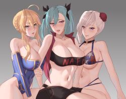 Rule 34 | 3girls, absurdres, akeno(itsnafulol), american flag bikini, aqua eyes, arm between breasts, arm grab, artoria pendragon (fate), artoria pendragon (lancer) (fate), between breasts, bikini, blonde hair, blue eyes, blue hair, blush, braid, breasts, cleavage cutout, clothing cutout, cowlick, fate/grand order, fate (series), flag print, freed turing, french braid, hair between eyes, hair ornament, hair ribbon, highres, jacket, jealous, large breasts, leotard, licking lips, miyamoto musashi (fate), miyamoto musashi (fate/grand order), miyamoto musashi (swimsuit berserker) (fate), multiple girls, open mouth, pink eyes, red jacket, ribbon, sitting, swimsuit, thick thighs, thighs, tongue, tongue out, twintails, white hair, yuri