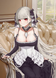 Rule 34 | 1girl, azur lane, breasts, couch, ddsssaaa, detached collar, formidable (azur lane), gothic lolita, grey hair, highres, large breasts, lolita fashion, long hair, looking at viewer, red eyes, sitting, solo, twintails, very long hair