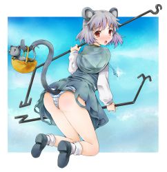 Rule 34 | 1girl, animal ears, ass, bad id, bad pixiv id, basket, blush, female focus, grey hair, jewelry, michii yuuki, mouse (animal), mouse ears, mouse tail, nazrin, panties, pendant, red eyes, short hair, solo, striped clothes, striped panties, tail, touhou, underwear