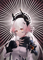 Rule 34 | 1girl, absurdres, ao oni (onioni-aoi), arknights, commentary request, demon horns, dress, hand on own chest, highres, horns, long hair, long sleeves, looking at viewer, multiple rings, orange eyes, pink hair, ring, smile, solo, theresa (arknights), two-tone dress, upper body, white dress