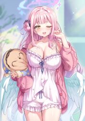 Rule 34 | 1girl, angel wings, black scrunchie, blue archive, blush, breasts, cleavage, feathered wings, hair bun, halo, highres, holding, holding stuffed toy, large breasts, long hair, long sleeves, looking at viewer, low wings, mika (blue archive), mikeneko mari, one eye closed, open mouth, pajamas, pink hair, pink halo, pink sweater vest, scrunchie, single side bun, sleepwear, sleeves past wrists, smile, solo, stuffed toy, sweater vest, white wings, wing ornament, wings, yellow eyes
