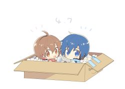 Rule 34 | 1boy, 1girl, ^^^, amazon (company), blue eyes, blue hair, blue scarf, box, brown eyes, brown hair, cardboard box, coat, commentary, dated, expressionless, headphones, headset, holding, holding paper, kaito (vocaloid), looking at viewer, meiko (vocaloid), mini person, miniboy, minigirl, open mouth, packing peanuts, paper, red shirt, scarf, sheet music, shirt, sinaooo, smile, styrofoam, vocaloid, white background, white coat