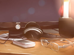 Rule 34 | absurdres, bose, cable, cellphone, desk, glasses, headphones, highres, liu guniang, monitor, no humans, phone, power symbol, sketch, smartphone, speaker, still life, wire