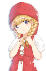 Rule 34 | 1girl, blonde hair, blue eyes, blunt bangs, blush, bow, braid, braiding hair, closed mouth, dragon quest, dragon quest xi, enatsu, hairdressing, head tilt, hood, hood up, long hair, looking at viewer, puffy short sleeves, puffy sleeves, red bow, shirt, short sleeves, simple background, smile, solo, tareme, twin braids, upper body, veronica (dq11), waist bow, white background, white shirt