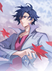 1boy black_hair coat curtained_hair eiyuu_densetsu falling_leaves feng_you hair_between_eyes highres kai_no_kiseki katana kuro_no_kiseki_(series) leaf male_focus maple_leaf open_clothes open_coat purple_eyes rean_schwarzer short_hair solo sword upper_body weapon