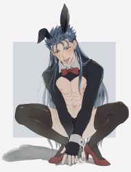 Rule 34 | 1boy, abs, animal ears, bad id, bad twitter id, blue hair, bow, bowtie, commentary request, crossdressing, cu chulainn (caster) (fate), cu chulainn (fate), earrings, fake animal ears, fangs, fate/stay night, fate (series), grey background, high heels, highres, jewelry, long hair, looking at viewer, male focus, meme attire, mondi hl, navel, nipples, open mouth, rabbit ears, red bow, red eyes, red footwear, reverse bunnysuit, reverse outfit, shoes, solo, squatting, thighhighs, tongue, tongue out, two-tone background, white background