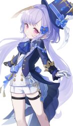 Rule 34 | 1girl, 750x077, absurdres, alternate hairstyle, ascot, asymmetrical gloves, black gloves, blue ascot, blue bow, blue brooch, blue coat, blue gemstone, blue hat, blush, bow, closed mouth, coat, cosplay, earrings, flat chest, furina (genshin impact), furina (genshin impact) (cosplay), garter straps, gem, genshin impact, gloves, gold earrings, hair bow, hat, highres, jewelry, jiangshi, kodona, lolita fashion, long hair, long sleeves, looking at viewer, mismatched gloves, ofuda, ofuda on head, outstretched hand, purple eyes, purple hair, qiqi (genshin impact), shirt, short shorts, shorts, signature, sleeve cuffs, solo, stud earrings, thigh strap, top hat, twintails, white background, white gloves, white shirt, white shorts