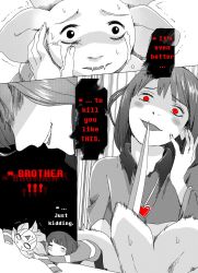 Rule 34 | 1boy, = =, androgynous, asriel dreemurr, bossmonsterbani, chara (undertale), comic, crying, crying with eyes open, english text, evil smile, fangs, flower, flowey (undertale), furry, hands on another&#039;s face, heart, heart necklace, highres, hug, jewelry, knife, monochrome, monster boy, necklace, pendant, red eyes, scared, shirt, smile, spoilers, spot color, streaming tears, striped clothes, striped shirt, tears, trembling, undertale, yandere, yandere trance