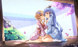 Rule 34 | 2girls, ayaka (genshin impact), barefoot, blonde hair, blue hair, blue kimono, breasts, brown eyes, chahei, commentary request, couple, day, flower, genshin impact, grey eyes, hair between eyes, hair flower, hair ornament, hand up, highres, japanese clothes, kimono, long hair, lumine (genshin impact), medium breasts, multiple girls, no shoes, outdoors, petals, pink kimono, rain, signature, sitting, socks, soles, very long hair, wariza, white flower, white socks, wooden floor, yuri