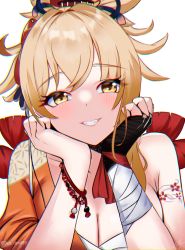 Rule 34 | 1girl, absurdres, arm tattoo, bead bracelet, beads, blonde hair, blush, bracelet, breasts, cleavage, den den489, genshin impact, hair ornament, half-closed eyes, hands on own cheeks, hands on own face, highres, japanese clothes, jewelry, kimono, large breasts, looking at viewer, orange kimono, sarashi, simple background, smile, solo, tattoo, white background, yellow eyes, yoimiya (genshin impact)