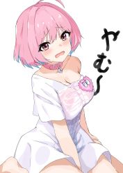 Rule 34 | 1girl, ahoge, barefoot, blouse, blush, breasts, cleavage, collarbone, colored tips, fang, highres, idolmaster, idolmaster cinderella girls, isocha, large breasts, looking at viewer, multicolored hair, off-shoulder shirt, off shoulder, open mouth, oversized clothes, oversized shirt, pink eyes, pink hair, raised eyebrows, shirt, short hair, simple background, single bare shoulder, sitting, solo, tearing up, wariza, white background, white shirt, yumemi riamu