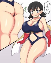Rule 34 | 1girl, ass, bare shoulders, black eyes, black hair, blush, bodysuit, breasts, cape, choker, cleavage, clothing cutout, collarbone, doraemon, embarrassed, eyelashes, female focus, gloves, grey background, highres, huge ass, huge breasts, jaga334, japanese text, large breasts, legs, low twintails, medium hair, midriff, minamoto shizuka, navel, navel cutout, open mouth, raised eyebrows, red gloves, revealing clothes, simple background, sleeveless, solo, solo focus, sweat, sweatdrop, thick thighs, thighs, translated, twintails