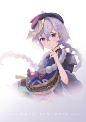 Rule 34 | 1girl, :o, black hat, blue dress, braid, commentary request, debu xiao huajiang, dress, finger to mouth, genshin impact, gradient background, grey background, hair between eyes, hair ornament, hand up, hat, highres, long hair, looking at viewer, ofuda, parted lips, purple eyes, purple hair, qingdai guanmao, qiqi (genshin impact), short sleeves, single braid, thick eyebrows, very long hair, white background, wide sleeves