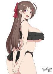 Rule 34 | 1girl, ahoge, arms behind back, ass, bikini, black bikini, bosshi, breasts, brown hair, cowboy shot, frilled bikini, frills, from behind, hair ornament, hairclip, highres, kantai collection, large breasts, long hair, looking at viewer, mamiya (kancolle), open mouth, purple eyes, sideboob, simple background, smile, solo, standing, swimsuit, underboob, white background