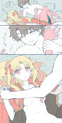 Rule 34 | !, !!, 1boy, 1girl, ^ ^, azumi (myameco), blonde hair, blush, breasts, brown hair, cape, closed eyes, commentary request, convenient arm, convenient censoring, ereshkigal (fate), closed eyes, fate/grand order, fate (series), fujimaru ritsuka (male), hair ribbon, hetero, holding hands, long hair, lying, medium breasts, navel, on back, out-of-frame censoring, red cape, red eyes, red ribbon, ribbon, short hair, smile, sweat, translation request