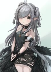 Rule 34 | 1girl, absurdres, ahoge, arknights, armband, bare shoulders, black collar, black dress, black ribbon, breasts, closed mouth, collar, cowboy shot, detached collar, dress, flower, grey eyes, grey hair, hair over one eye, hair ribbon, highres, jewelry, long hair, looking at viewer, necklace, one eye covered, pendant, pointy ears, ribbon, simple background, small breasts, solo, steepled fingers, swept bangs, teruriu, tomimi (arknights), two side up