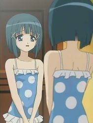 Rule 34 | 00s, 1girl, blue eyes, blue hair, casual one-piece swimsuit, female focus, frilled swimsuit, frills, mirror, one-piece swimsuit, polka dot, polka dot swimsuit, reflection, screencap, short hair, smile, solo, strawberry panic!, swimsuit, tsukidate chiyo, v arms