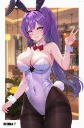 Rule 34 | 1girl, absurdres, animal ears, bar (place), bare arms, bare shoulders, black pantyhose, blurry, blurry background, blush, border, bow, bowtie, breasts, chinese text, cleavage, covered navel, cowboy shot, detached collar, eoe, fake animal ears, floralmi, grin, hand up, hanging light, highres, indoors, large breasts, leotard, long hair, looking at viewer, mole, mole under eye, outside border, pantyhose, playboy bunny, ponytail, purple eyes, purple hair, rabbit ears, rabbit tail, red bow, red bowtie, sidelocks, smile, solo, strapless, strapless leotard, tail, teeth, thighband pantyhose, traditional bowtie, v, virtual youtuber, white border, white leotard, white wrist cuffs, wrist cuffs, yumo (eoe)