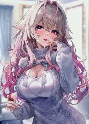 Rule 34 | 1girl, absurdres, blurry, blurry background, breasts, cleavage, cleavage cutout, clothing cutout, cream, cream on face, food, food on face, fruit, grey hair, hands up, highres, holding, holding food, holding fruit, large breasts, light blush, long hair, long sleeves, looking at viewer, original, pink eyes, pink hair, pink lips, rifuru, solo, strawberry, sweater, turtleneck, turtleneck sweater, upper body, white sweater