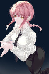 Rule 34 | 1girl, black background, black necktie, black pants, braid, braided ponytail, breasts, chainsaw man, collared shirt, full body, highres, long sleeves, looking at viewer, makima (chainsaw man), medium breasts, medium hair, necktie, neckwear request, own hands together, pants, pink hair, ringed eyes, shirt, shirt tucked in, shiwa (eda mamui), simple background, solo, white shirt, yellow eyes