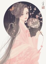 Rule 34 | 1girl, absurdres, border, branch, brown eyes, brown hair, chinese clothes, closed mouth, commentary, flower, from side, hair ornament, half updo, hand fan, hanfu, highres, holding, holding fan, long hair, long sleeves, looking at viewer, looking to the side, original, pink robe, plum blossoms, qixiong ruqun, robe, round border, ruqun, seal impression, signature, solo, straight hair, tassel, transparent fan, tuanshan, upper body, ushiyama ame, very long hair, wide sleeves