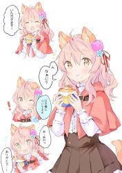 Rule 34 | !, 1girl, :d, :t, ;o, @ @, ^ ^, animal ear fluff, animal ears, bad id, bad twitter id, blue flower, blush, brown eyes, brown skirt, capelet, center frills, closed eyes, closed mouth, commentary request, eating, fang, flower, flying sweatdrops, food, food on face, frills, hair between eyes, hair flower, hair ornament, hair ribbon, holding, holding food, hood, hood down, hooded capelet, long hair, long sleeves, multiple views, notice lines, one eye closed, open mouth, original, out of frame, parted lips, pink hair, pleated skirt, purple flower, red capelet, red ribbon, ribbon, shirt, simple background, skirt, smile, sweat, tail, translation request, wataame27, wavy mouth, white background, white shirt, wolf-chan (wataame27), wolf ears, wolf girl, wolf tail