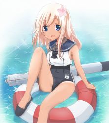 Rule 34 | 10s, 1girl, arm support, bad id, bad pixiv id, bare shoulders, blonde hair, blue eyes, crop top, flower, hair flower, hair ornament, kantai collection, lifebuoy, long hair, looking at viewer, neckerchief, ocean, open mouth, ro-500 (kancolle), rocchi, sailor collar, school uniform, sitting, slippers, smile, swim ring, tan, tanline, thighs, torpedo