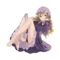 Rule 34 | 1girl, ass, barefoot, black panties, blonde hair, blush, breasts, clothes lift, colored eyelashes, crossed legs, dress, dress lift, full body, hat, highres, honi (honix3), legs, long hair, long sleeves, looking at viewer, lying, maribel hearn, mob cap, panties, pantyshot, parted lips, puffy long sleeves, puffy sleeves, purple eyes, shiny skin, simple background, solo, thighs, toes, touhou, underwear, white background
