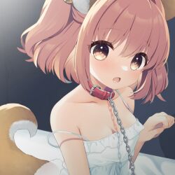 Rule 34 | 1girl, animal collar, animal ears, breasts, brown tail, chain, chain leash, collar, collarbone, commentary request, dog ears, dog tail, dress, frilled dress, frills, leash, looking at viewer, motoori kosuzu, open mouth, orange eyes, orange hair, paw pose, sen1986, small breasts, solo, spaghetti strap, strap slip, sundress, tail, touhou, white dress