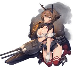 Rule 34 | 1girl, anchor, black skirt, boots, breasts, brown hair, capelet, chain, cleavage, coat, fire, full body, gloves, green eyes, headband, kantai collection, kneeling, large breasts, looking to the side, machinery, midriff, miniskirt, mutsu (kancolle), mutsu kai ni (kancolle), official art, pleated skirt, red thighhighs, rigging, shizuma yoshinori, short hair, skirt, smoke, solo, striped clothes, striped skirt, thigh boots, thighhighs, torn clothes, transparent background, turret, white gloves