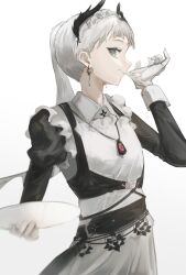 Rule 34 | 1girl, aiv, arknights, biting, black dress, closed mouth, collared dress, commentary, dress, glove biting, gloves, gradient background, grey background, grey eyes, grey hair, head wings, highres, holding, holding plate, irene (arknights), irene (voyage of feathers) (arknights), juliet sleeves, long sleeves, looking at viewer, mouth hold, official alternate costume, official alternate hairstyle, plate, ponytail, puffy sleeves, revision, solo, white background, white gloves, wings