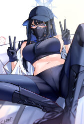 Rule 34 | 1boy, 1girl, doodle sensei (blue archive), baseball cap, black footwear, black gloves, black hair, black pants, blue archive, boots, breasts, cliov, coat, colored inner hair, double v, gloves, grey eyes, groin, hair between eyes, halo, hat, highres, indian style, knee boots, large breasts, long hair, long sleeves, looking at viewer, mask, mouth mask, multicolored hair, navel, open clothes, open coat, pants, peeking out, saori (blue archive), sensei (blue archive), sidelocks, simple background, sitting, sleeveless, stomach, tank top, translation request, turtleneck, two-tone hair, v, white background, white coat