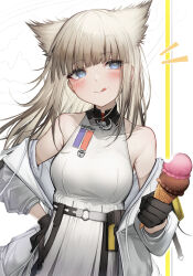 Rule 34 | 1girl, :q, absurdres, animal ears, arknights, arknights: endfield, black gloves, blonde hair, blue eyes, breasts, commentary request, dress, food, gloves, highres, ice cream, long hair, medium breasts, perlica (arknights), solo, tab head, tongue, tongue out, white dress
