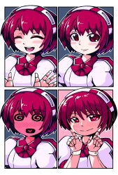 Rule 34 | 1girl, :d, @ @, android, blue background, blush, border, bow, bowtie, closed eyes, closed mouth, commentary request, dorothy haze, embarrassed, expressions, full-face blush, hairband, hands up, heart, heart-shaped pupils, heart in mouth, highres, index fingers raised, joints, looking at viewer, mikiji, multiple views, open hands, open mouth, pink background, puffy short sleeves, puffy sleeves, red bow, red bowtie, red eyes, red hair, robot joints, shirt, short hair, short sleeves, smile, striped clothes, striped hairband, symbol-shaped pupils, upper body, va-11 hall-a, white border, white hairband, white shirt, white wrist cuffs, wrist cuffs