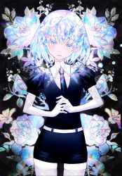 Rule 34 | 1other, absurdres, androgynous, crystal hair, diamond (houseki no kuni), elbow gloves, flower, gem, gem uniform (houseki no kuni), gloves, highres, houseki no kuni, leaf, looking at viewer, multicolored hair, necktie, pazzi (zzxh2354), rainbow hair, shirt, short hair, short sleeves, shorts, smile, solo, sparkle, thighhighs, white gloves