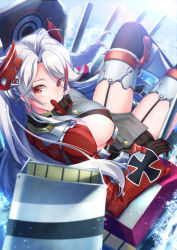 Rule 34 | 1girl, absurdres, antenna hair, azur lane, bikini, blush, boots, breasts, cannon, closed mouth, clothing cutout, day, elbow rest, finger to mouth, from behind, garter straps, gloves, hair between eyes, headgear, highres, ken ill, knee boots, large breasts, long hair, long sleeves, looking at viewer, looking back, machinery, military, military uniform, mole, mole on breast, multicolored hair, ocean, outdoors, prinz eugen (azur lane), red hair, rigging, side cutout, sideboob, sidelocks, silver hair, sitting, smile, solo, sparkle, splashing, streaked hair, swept bangs, swimsuit, thighhighs, thighs, two side up, uniform, very long hair, water, wide sleeves